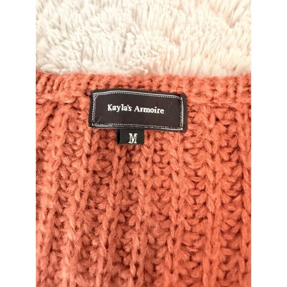 Rust Chunky Knit V-Neck Sweater Medium Cropped Long Sleeve Fall Cozy Boho - Picture 4 of 8